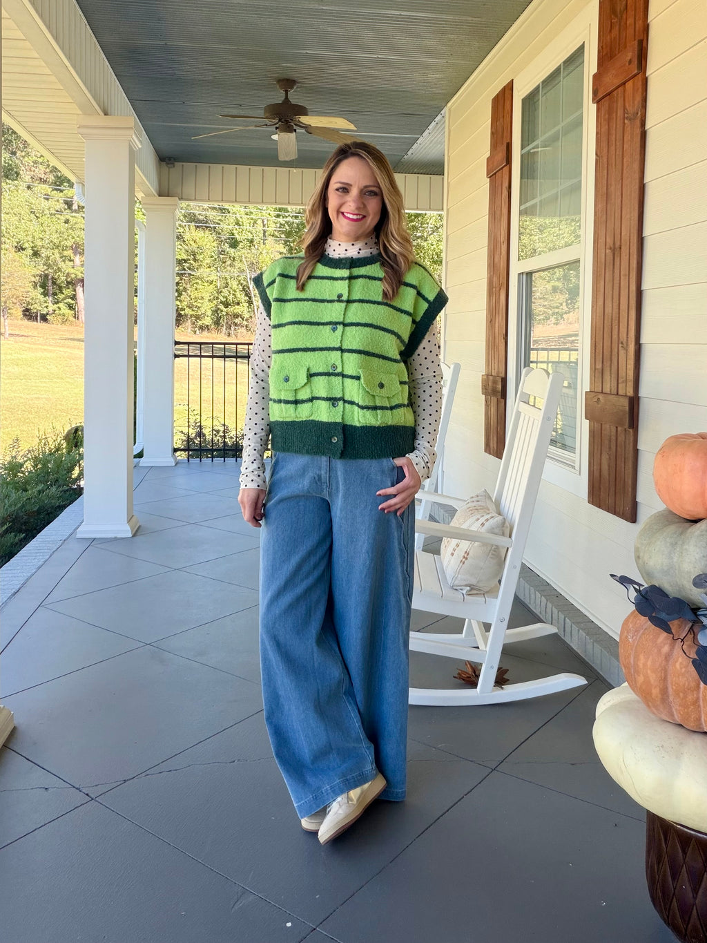 Pocket With Button Up Striped Sweater Vest - Greens