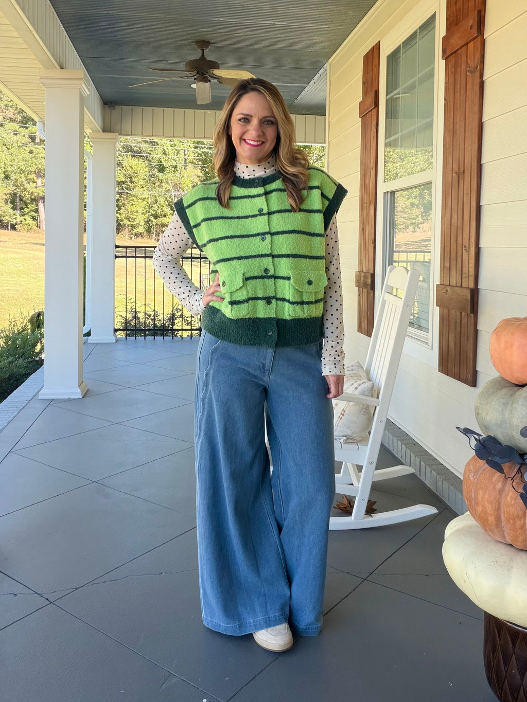 Pocket With Button Up Striped Sweater Vest - Greens