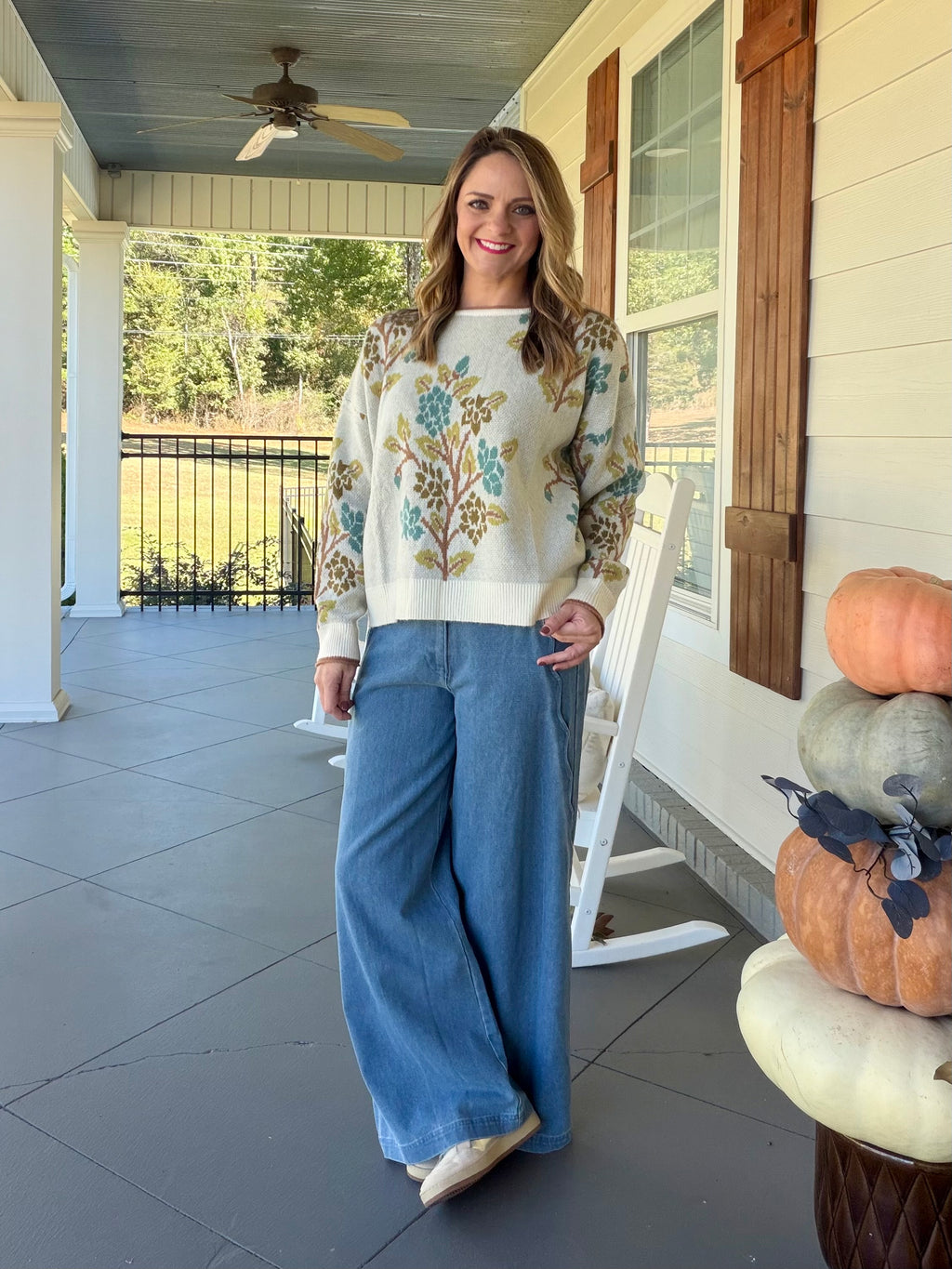 Tree Print Sweater with Contrasting Rolled Hem Details - Cream Mix