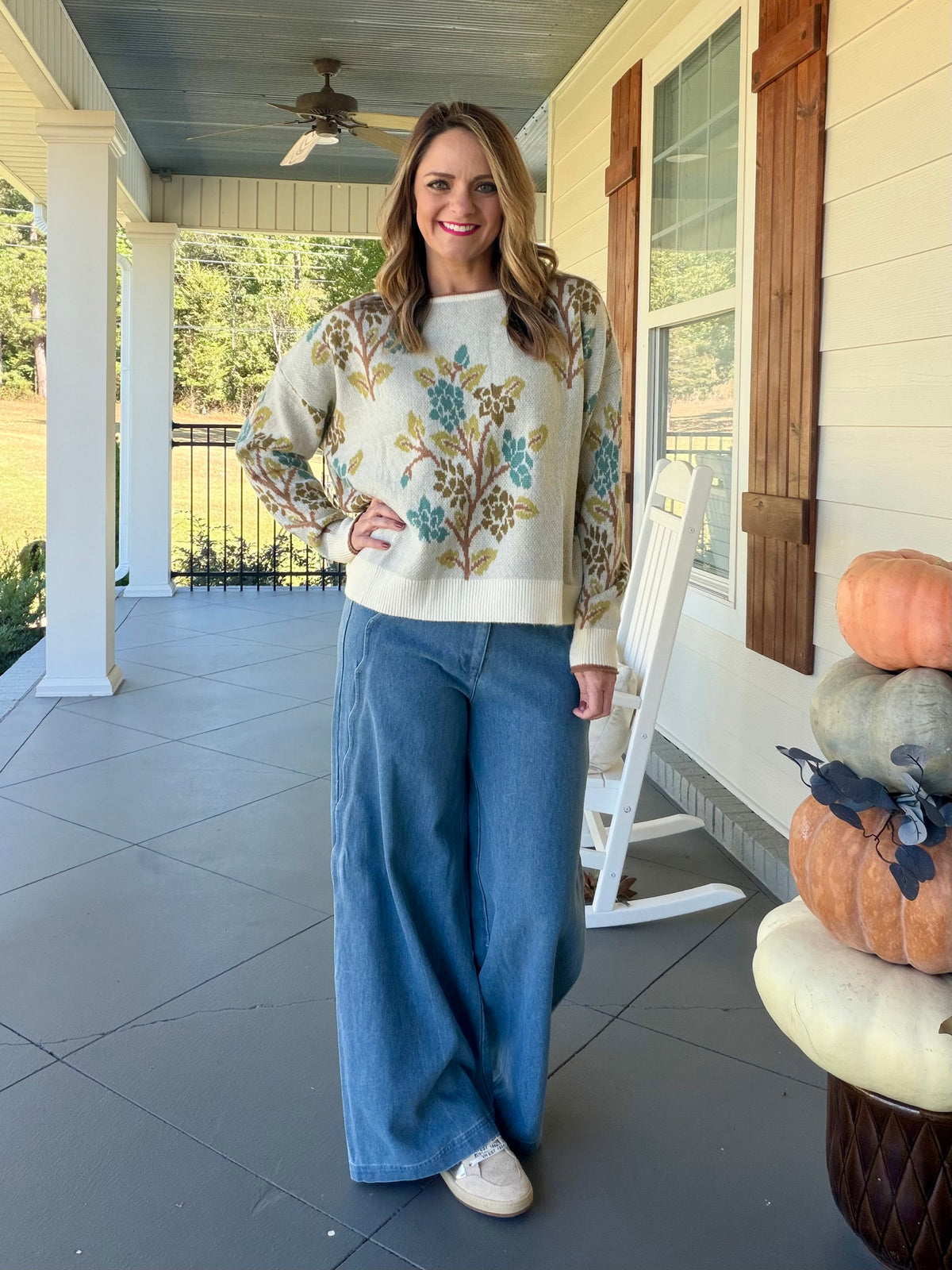 Tree Print Sweater with Contrasting Rolled Hem Details - Cream Mix