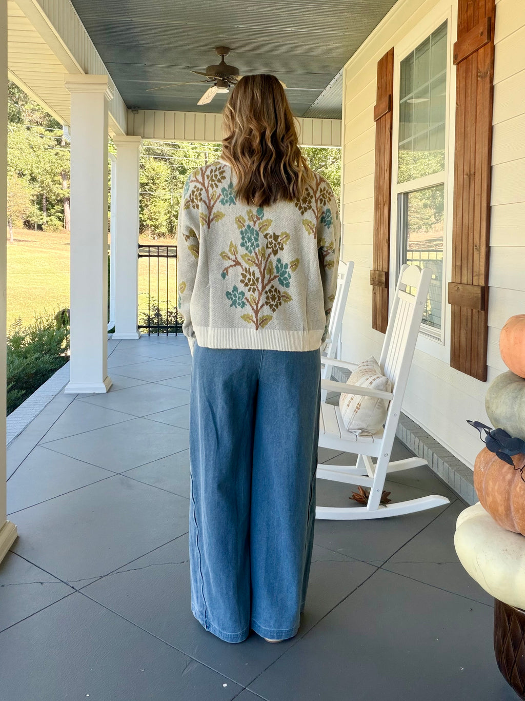 Tree Print Sweater with Contrasting Rolled Hem Details - Cream Mix