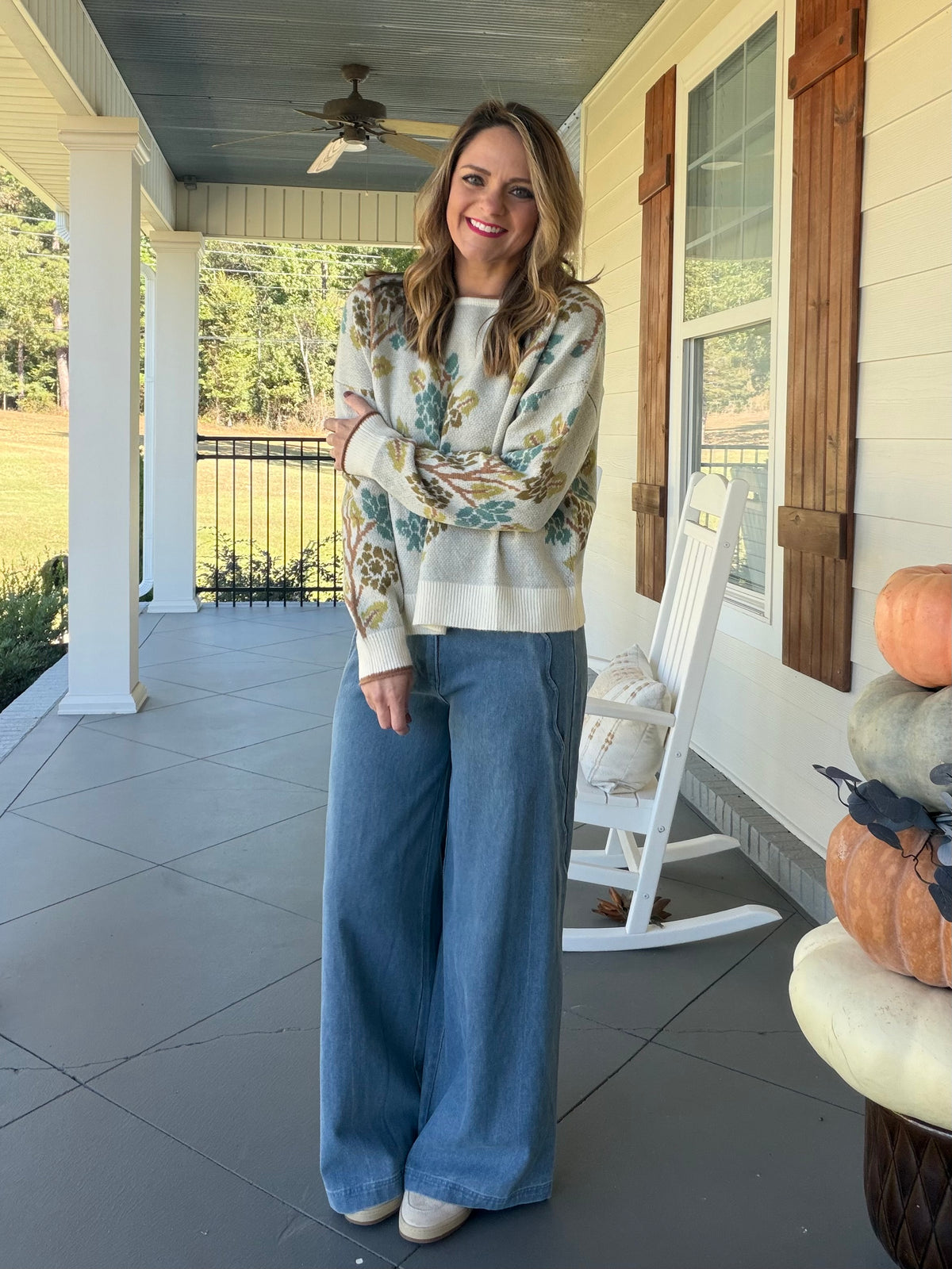 Tree Print Sweater with Contrasting Rolled Hem Details - Cream Mix