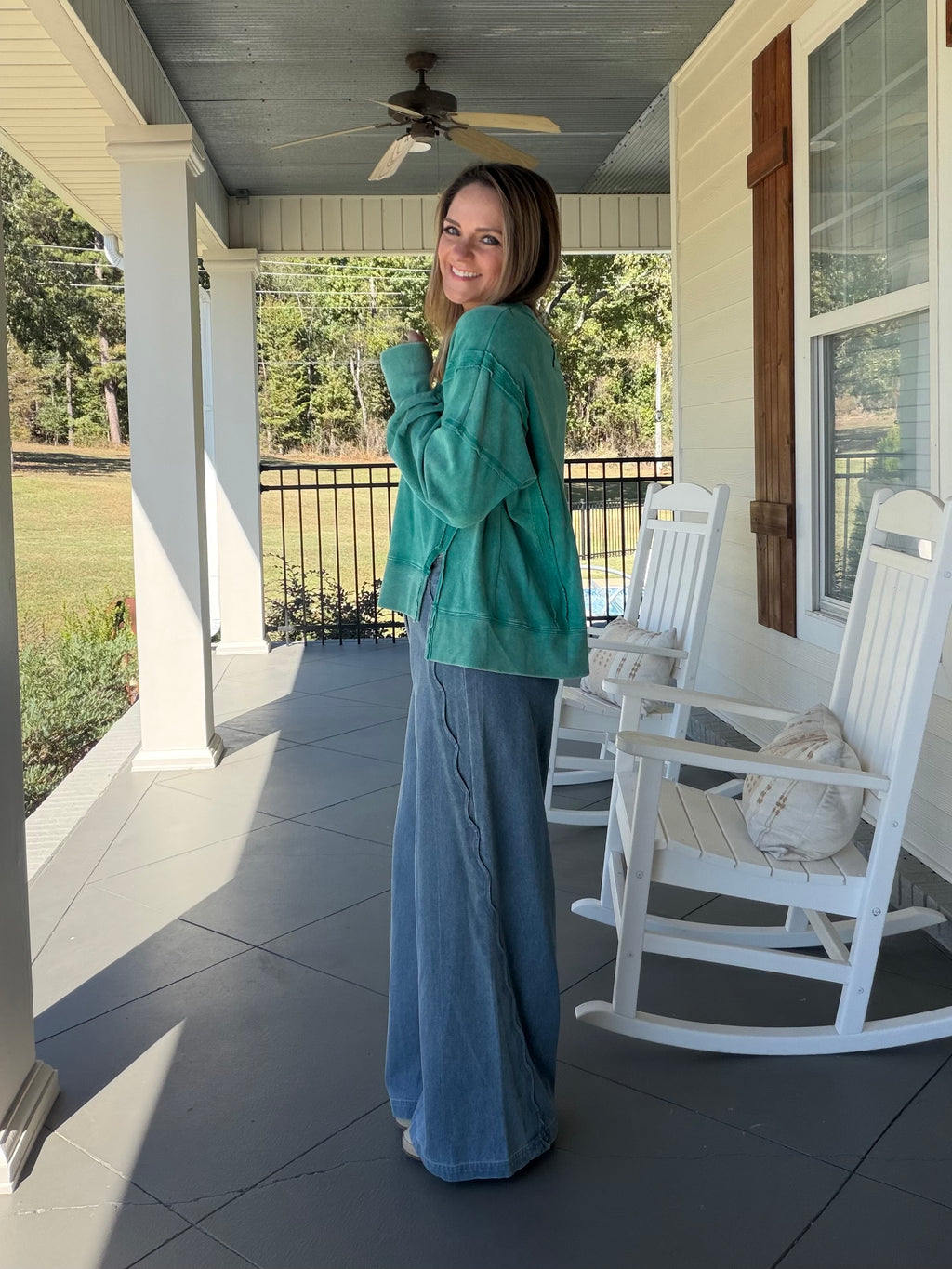 Long Sleeve washed knit sweatshirt top - Sea Foam