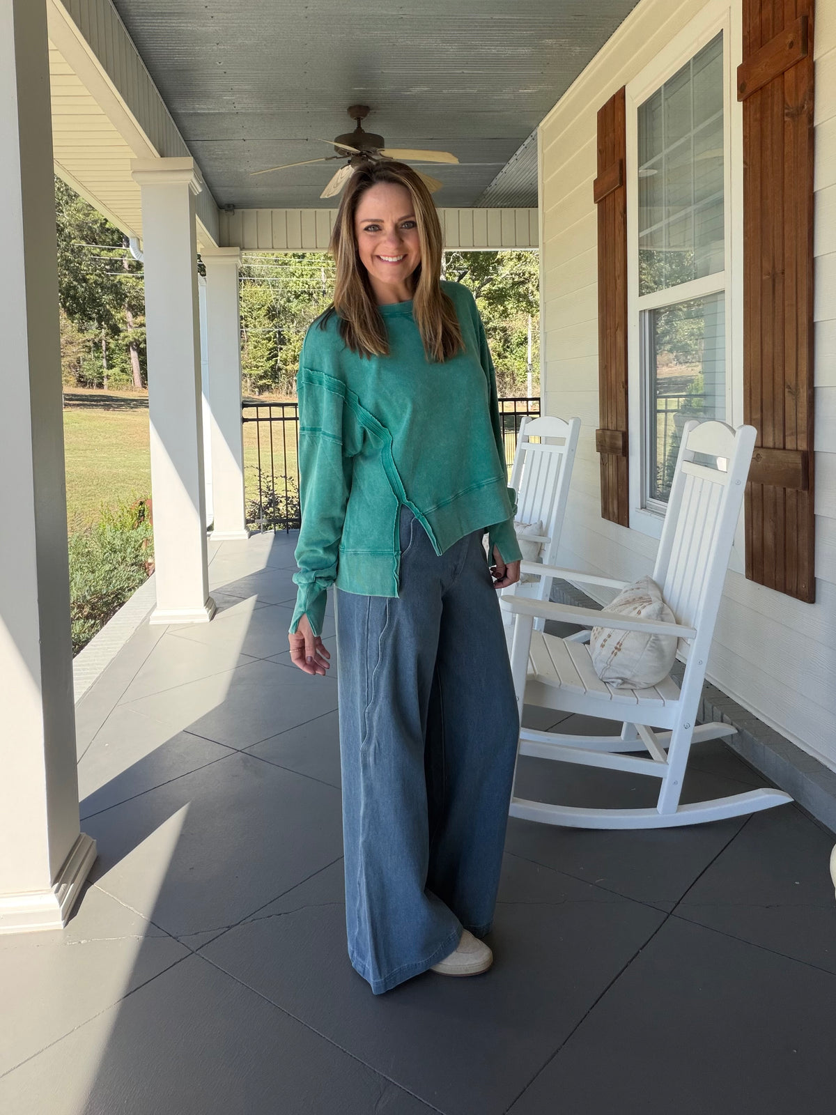 Long Sleeve washed knit sweatshirt top - Sea Foam