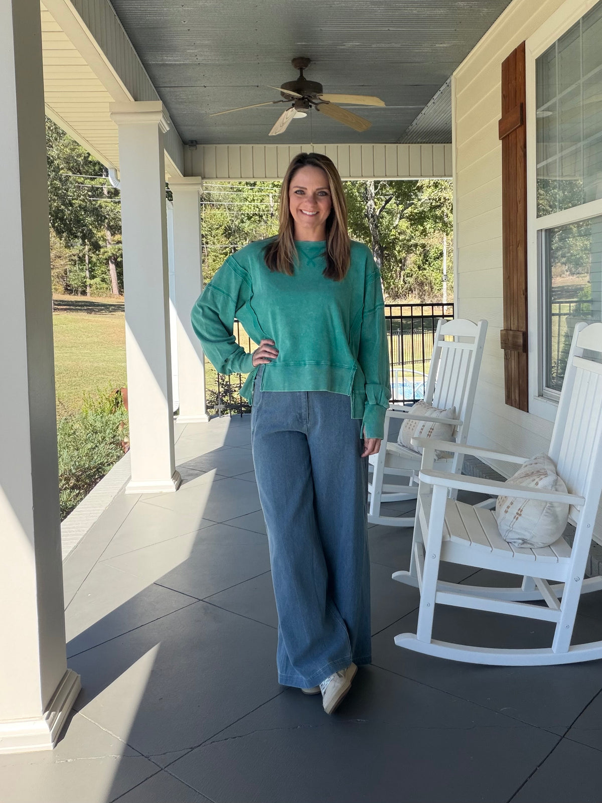 Long Sleeve washed knit sweatshirt top - Sea Foam
