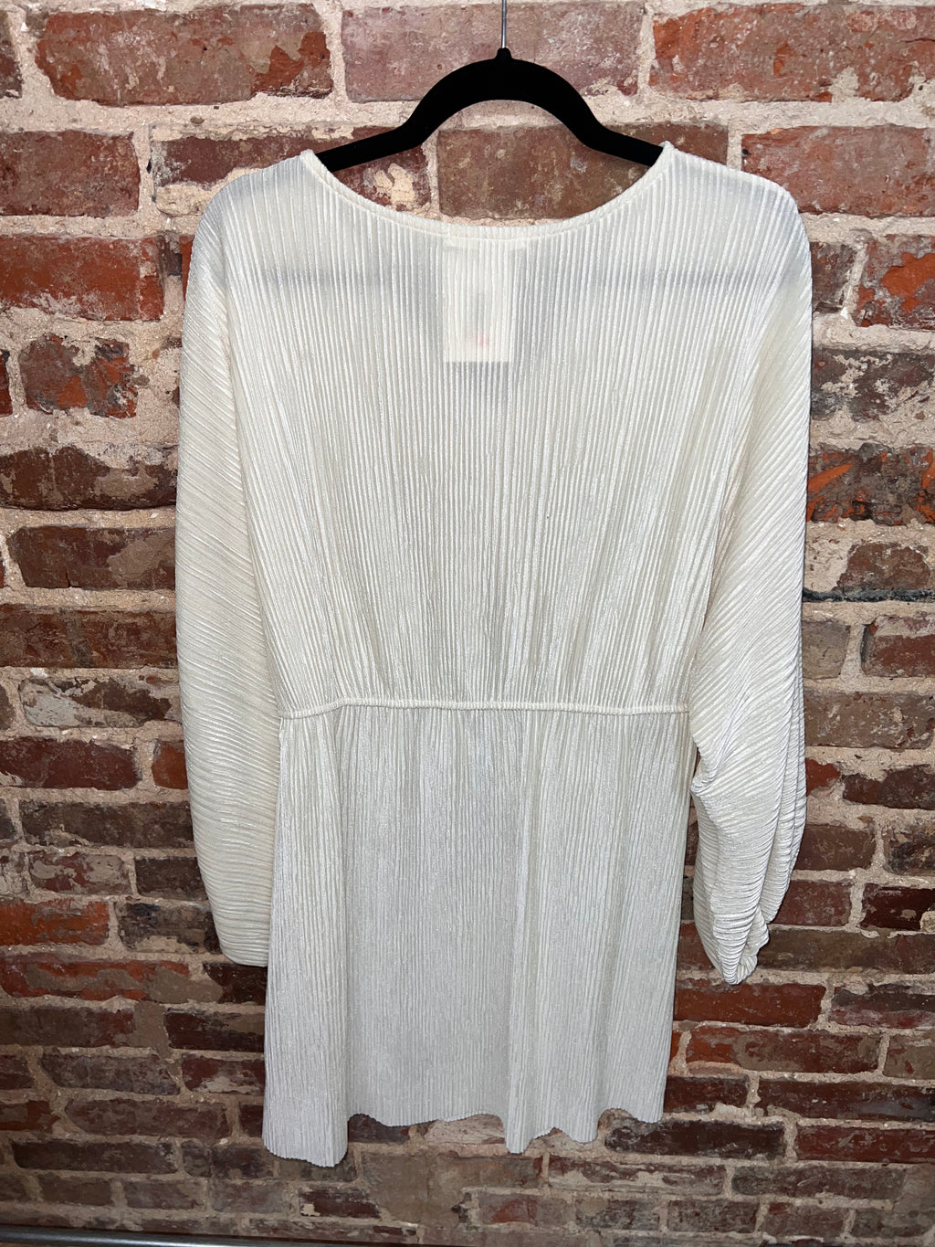 back view of an ivory pleated long-sleeve dress with a waist seam