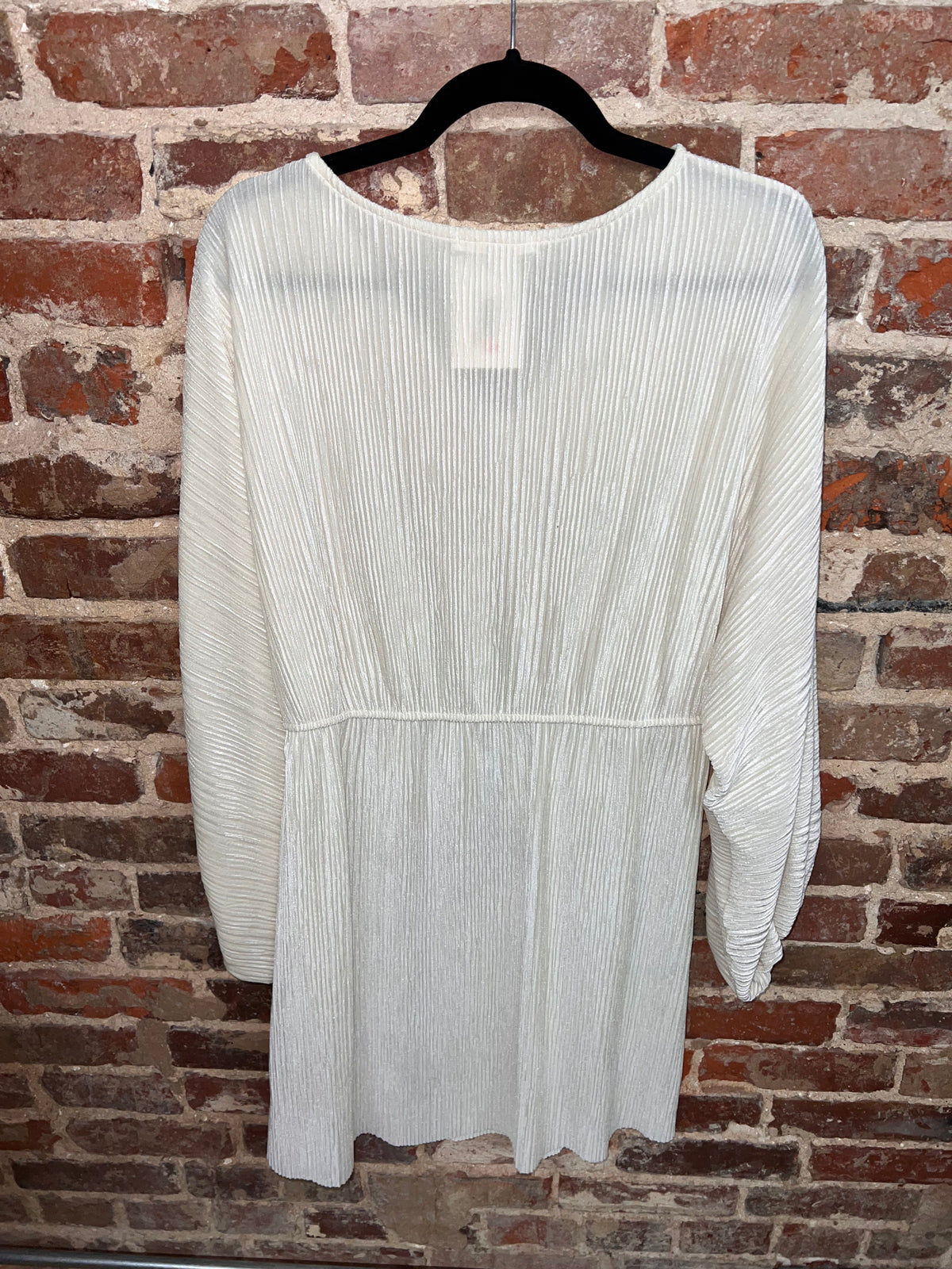 back view of an ivory pleated long-sleeve dress with a waist seam
