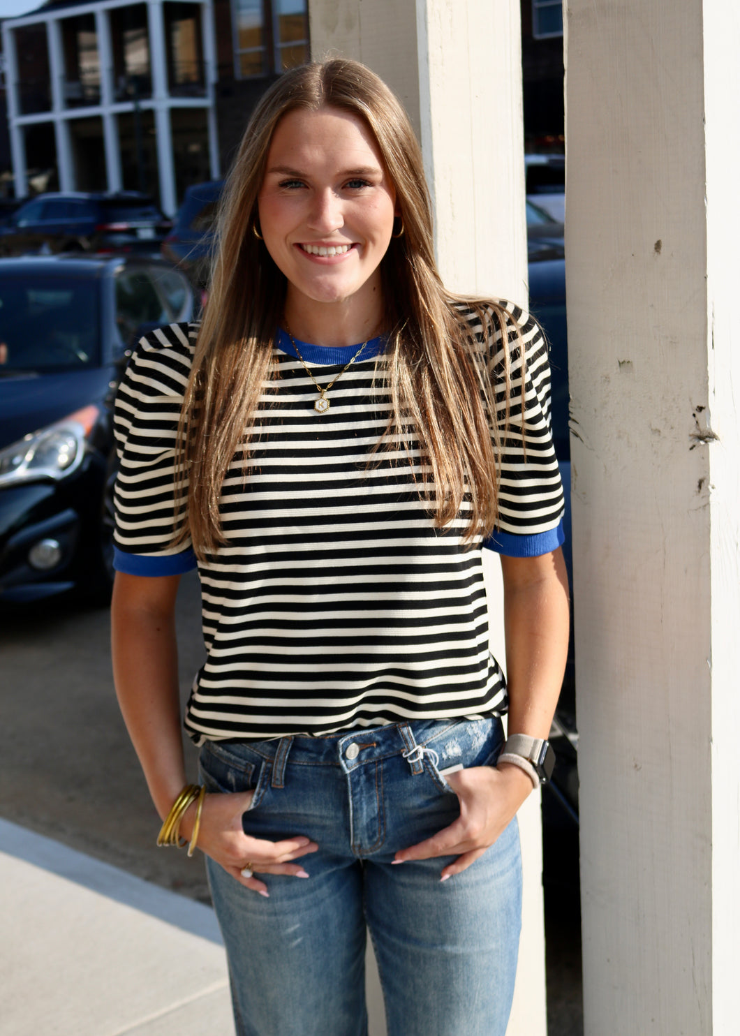 CAN’T STAY HERE TOP - BLK/WHT/BLUE