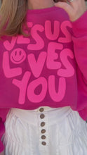 Load and play video in Gallery viewer, JESUS LOVES YOU SMILEY PUFF PRINT SWEATSHIRT
