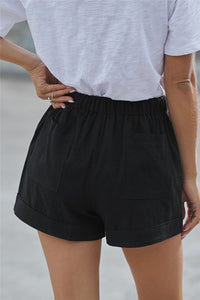 BLACK KNIT SHORTS W/ PKTS & DRAWSTRING