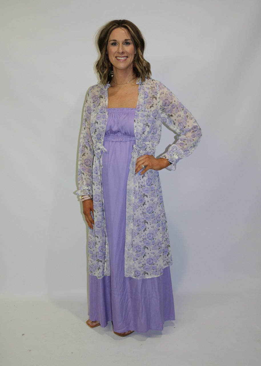 lavender maxi dress styled with a long light floral open-front jacket