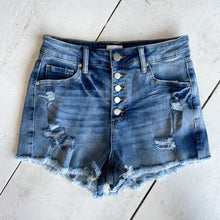 Load image into Gallery viewer, BUTTON FLY DISTRESSED DENIM SHORTS

